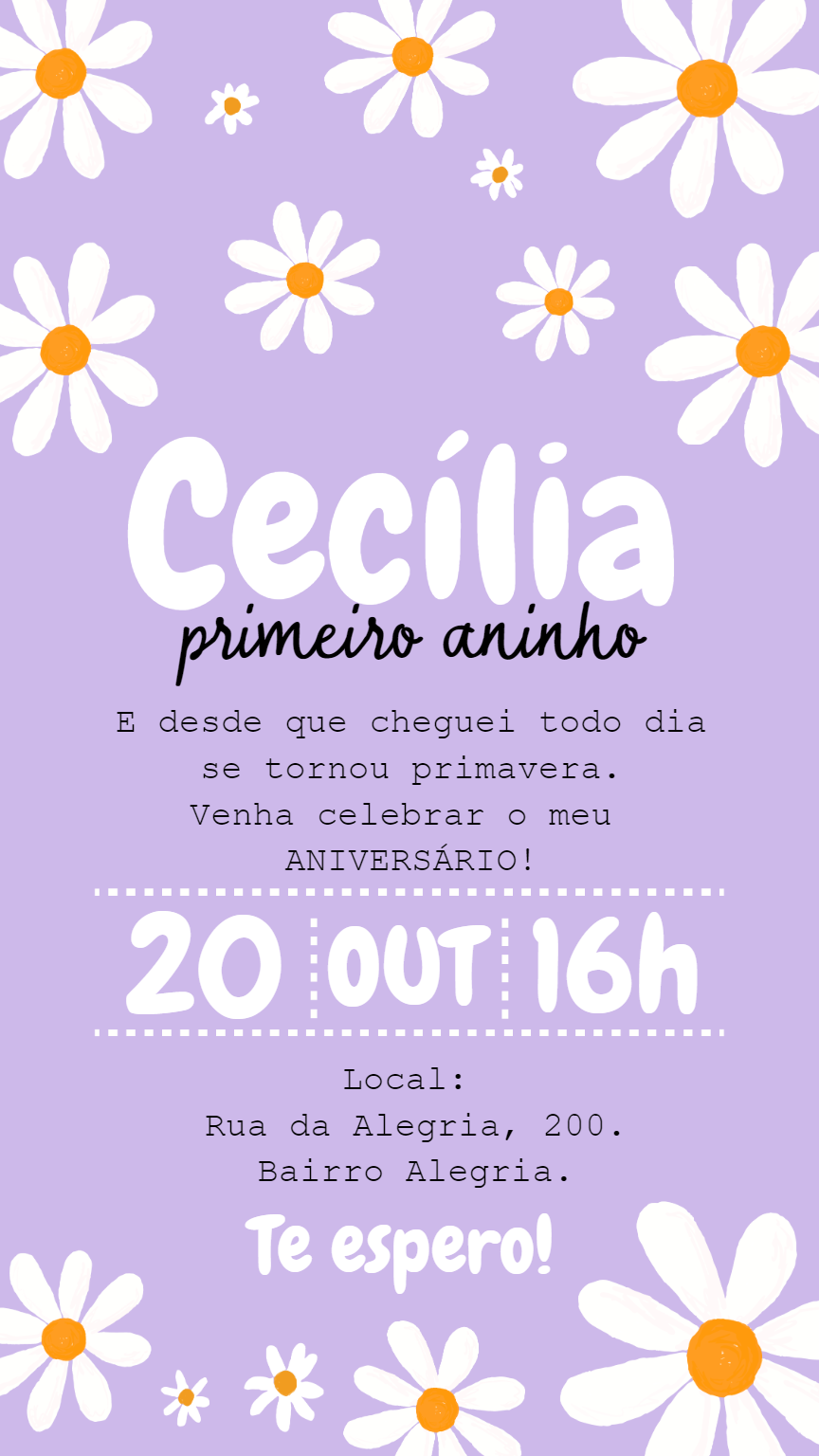 Convite Aniversário Floral Margaridas Lilás para Editar Convite Aniversário Floral Margaridas Lilás para Editar