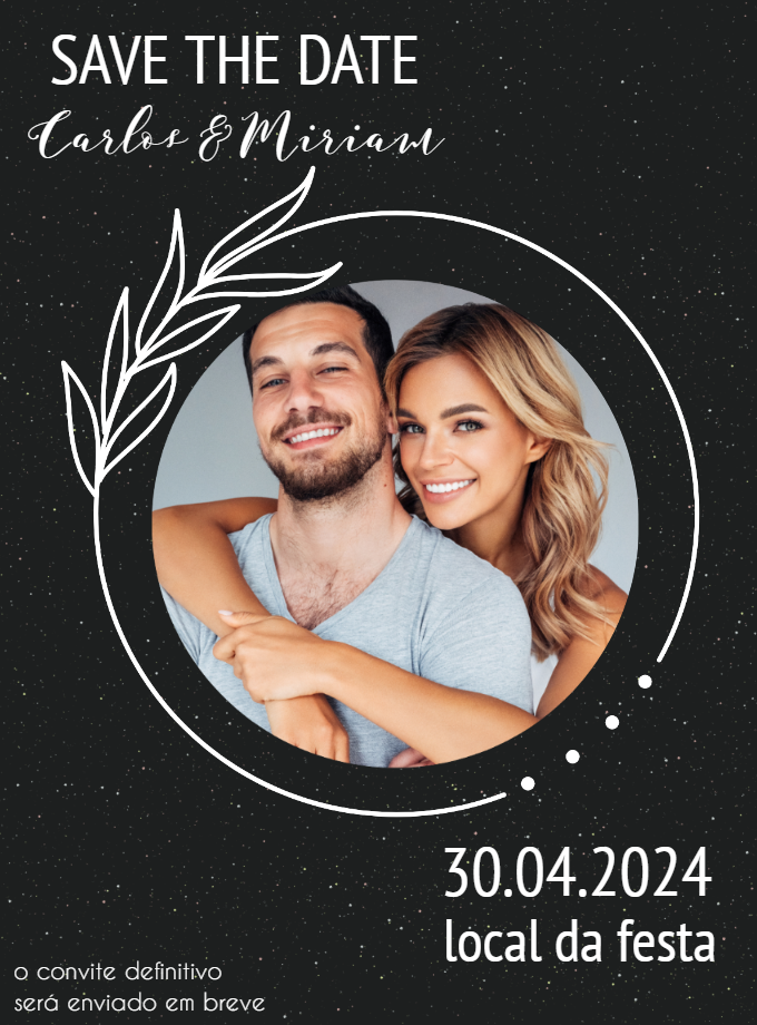Save the Date Casamento Preto e Branco com Foto para Editar