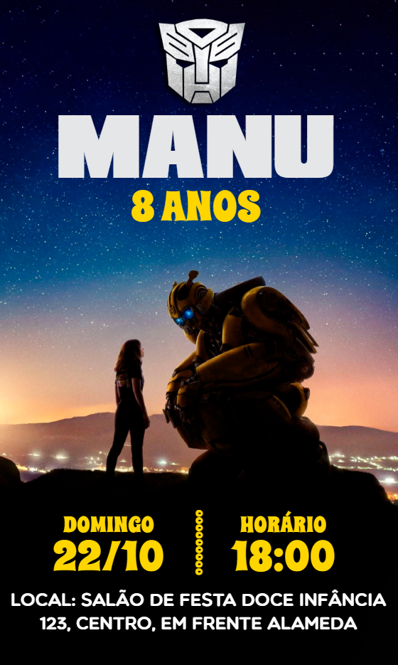 Convite de Aniversário Bumblebee Transformers para Editar Convite de Aniversário Bumblebee Transformers para Editar