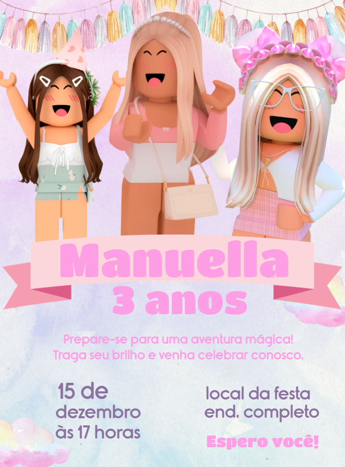 Convite Aniversário Roblox Menina Rosa para Editar Online Convite Aniversário Roblox Menina Rosa para Editar Online