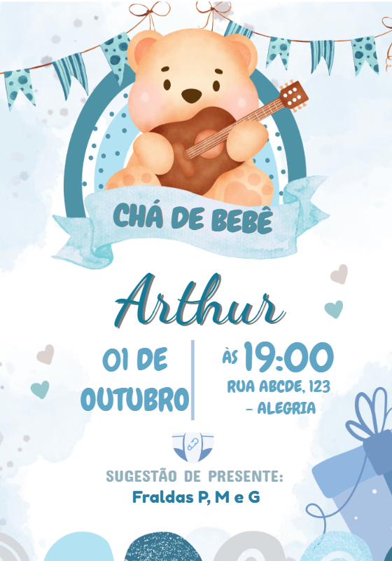 Convite Chá de Bebê Ursinho Azul para Editar Online Convite Chá de Bebê Ursinho Azul para Editar Online