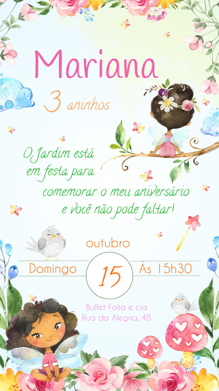 Convite Aniversário Jardim das Fadas Aquarela para Editar Online Convite Aniversário Jardim das Fadas Aquarela para Editar Online