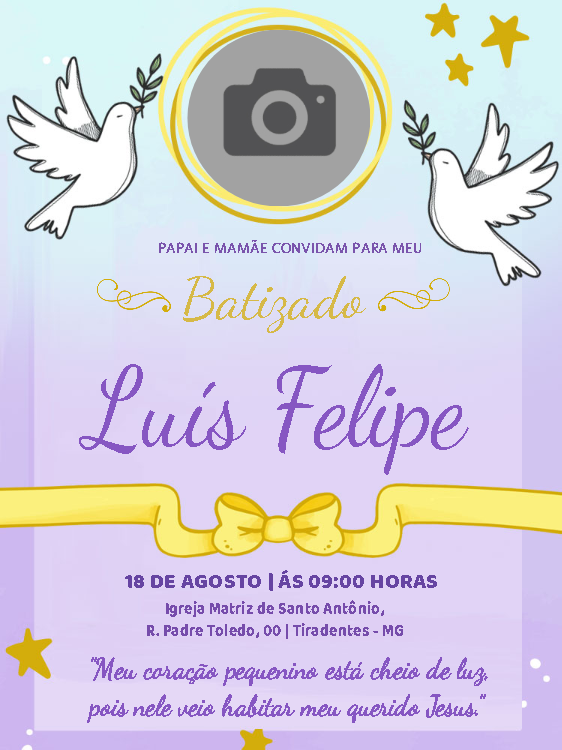 Convite de Batizado com Foto e Pombinhas para Editar Online Convite de Batizado com Foto e Pombinhas para Editar Online