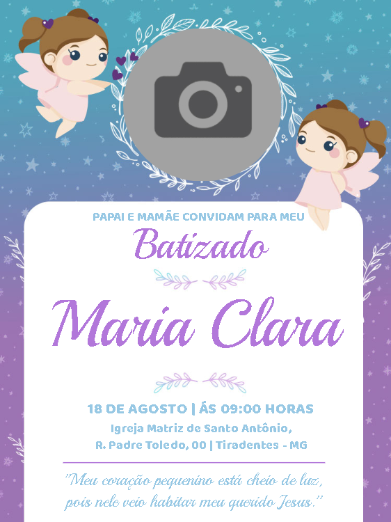 Convite de Batizado Anjinha com Foto para Editar Online