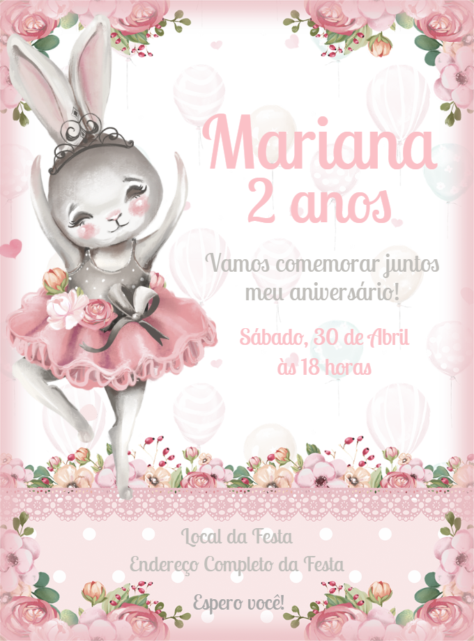 Convite Aniversário Coelha Bailarina para Editar Online Convite Aniversário Coelha Bailarina para Editar Online