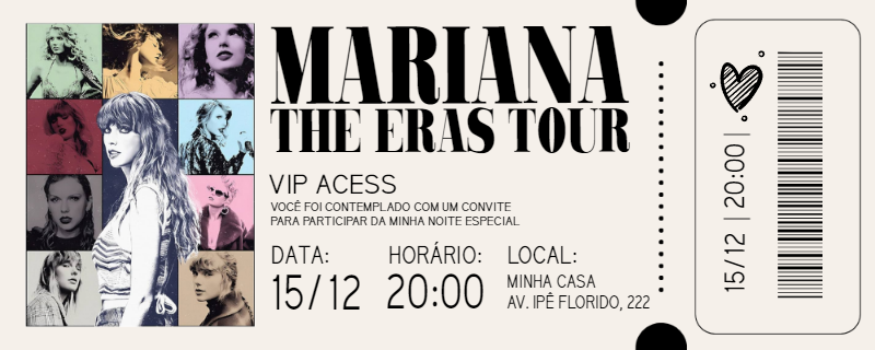 Convite Aniversário Ingresso Taylor Swift para Editar Online Convite Aniversário Ingresso Taylor Swift para Editar Online