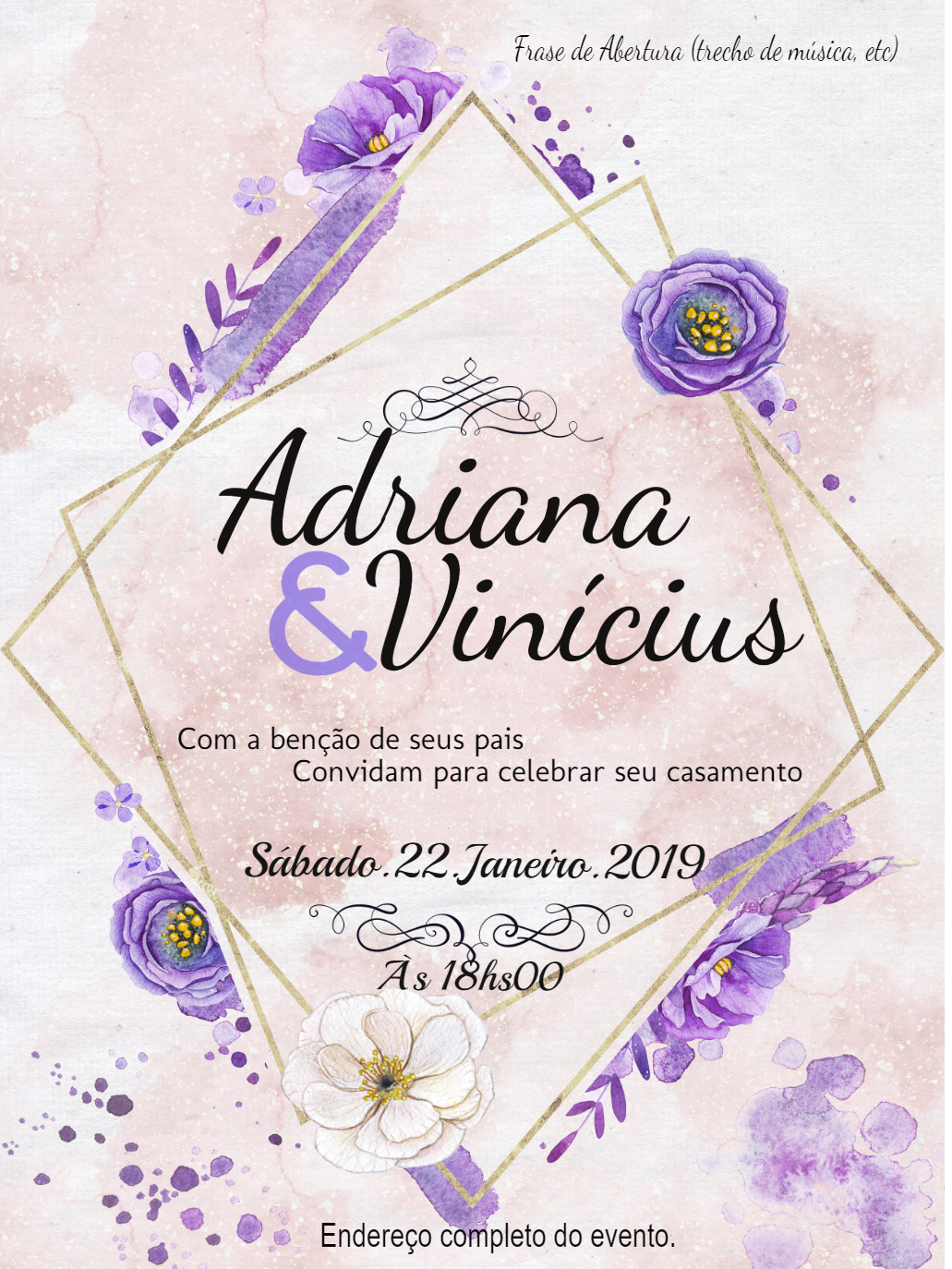 Convite de Casamento Floral Lilás Aquarela para Editar Convite de Casamento Floral Lilás Aquarela para Editar