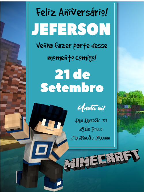 Convite de Aniversário Minecraft com Skin para Editar Online Convite de Aniversário Minecraft com Skin para Editar Online