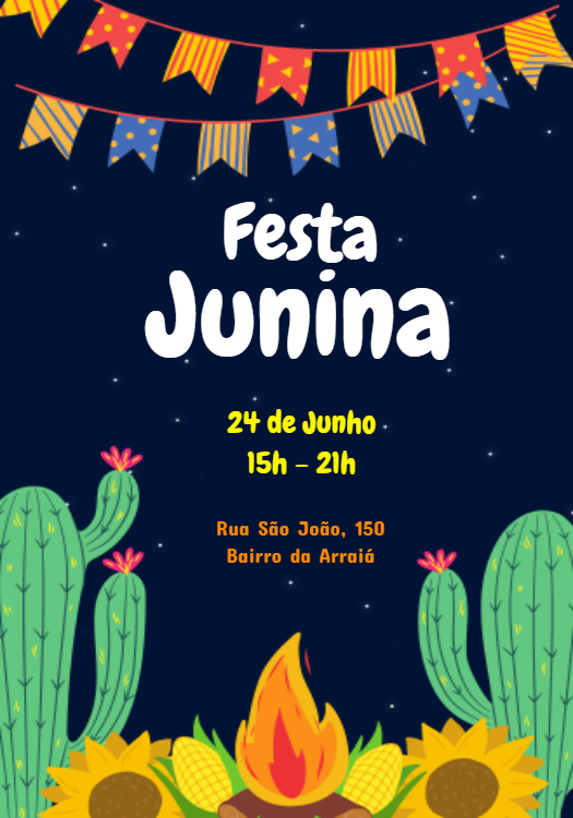 Convite de Festa Junina com Cactos e Fogueira para Editar Online
