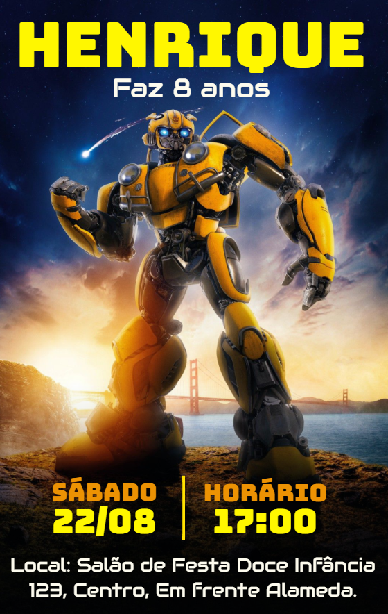Convite de Aniversário Transformers Bumblebee para Editar Convite de Aniversário Transformers Bumblebee para Editar