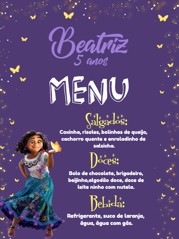 Menu de Aniversário Encanto com Mirabel para Editar Online Menu de Aniversário Encanto com Mirabel para Editar Online