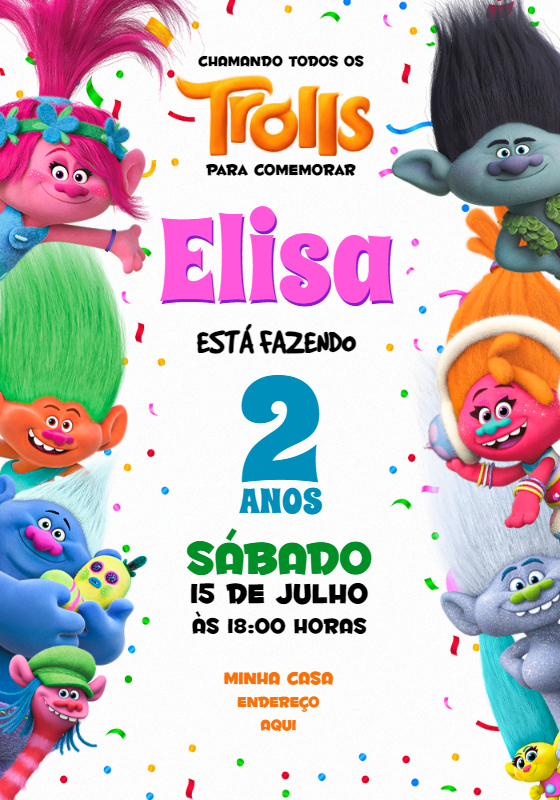 Convite de Aniversário Trolls com Personagens para Editar Online Convite de Aniversário Trolls com Personagens para Editar Online