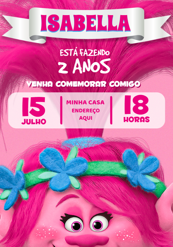 Convite de Aniversário Trolls para Editar e Imprimir Convite de Aniversário Trolls para Editar e Imprimir