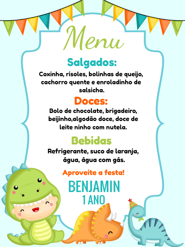 Menu de Aniversário Dinossauro Baby para Editar e Imprimir Menu de Aniversário Dinossauro Baby para Editar e Imprimir