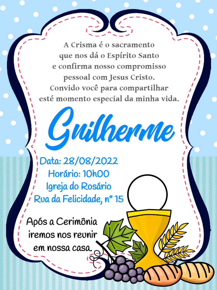 Convite Crisma Azul com Símbolos para Editar Online Convite Crisma Azul com Símbolos para Editar Online