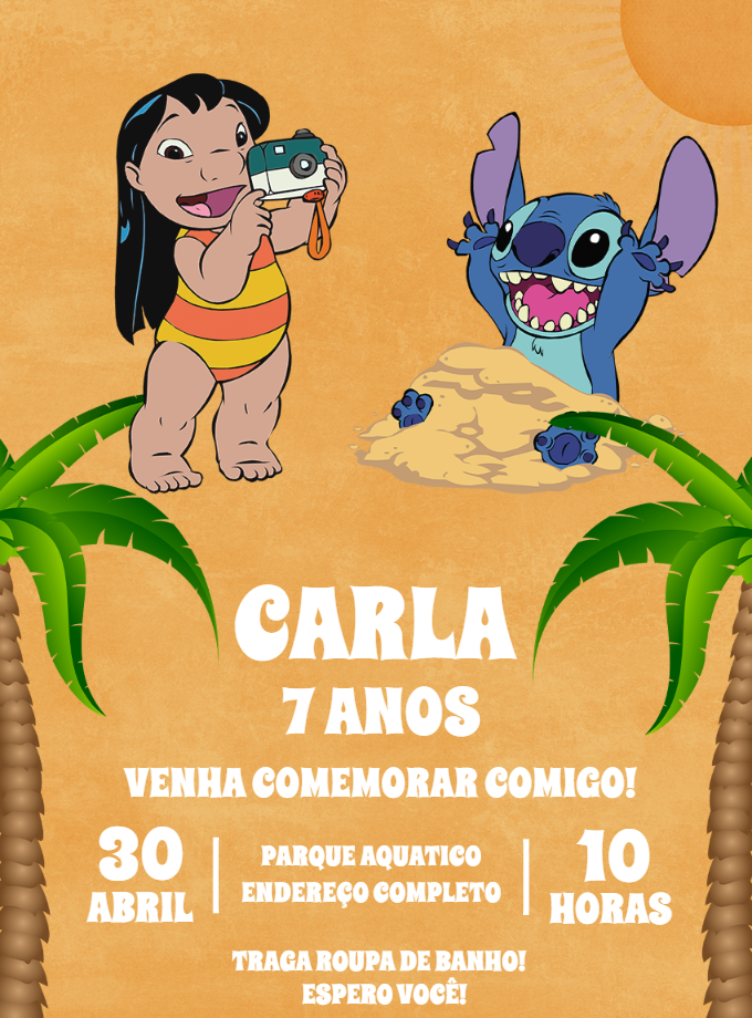 Convite Aniversário Lilo e Stitch Praia para Editar Online Convite Aniversário Lilo e Stitch Praia para Editar Online