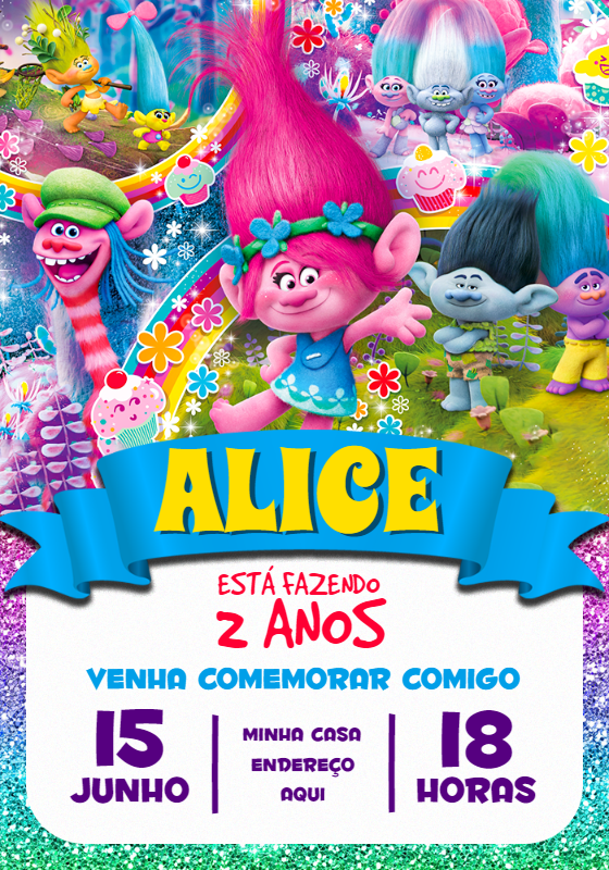 Convite Aniversário Trolls com Personagens para Editar Online Convite Aniversário Trolls com Personagens para Editar Online