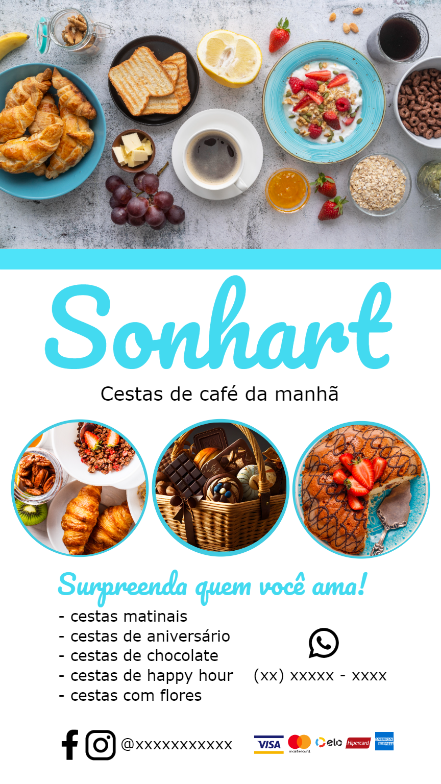 Flyer Editável de Cestas de Café da Manhã para Divulgar Flyer Editável de Cestas de Café da Manhã para Divulgar