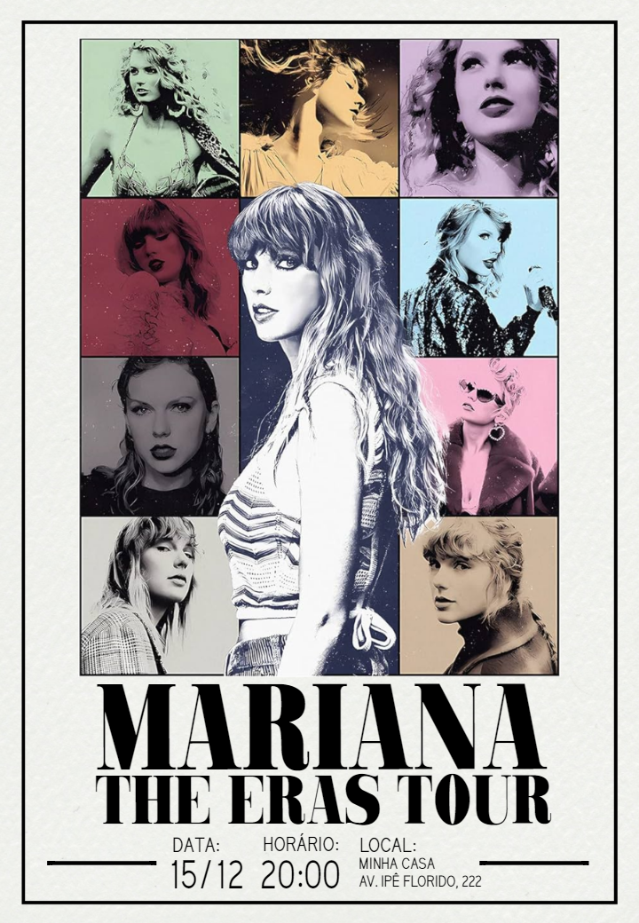 Convite Aniversário Taylor Swift The Eras Tour para Editar Online Convite Aniversário Taylor Swift The Eras Tour para Editar Online