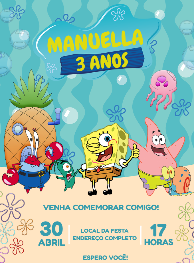 Convite Aniversário Bob Esponja com Turma para Editar Online Convite Aniversário Bob Esponja com Turma para Editar Online