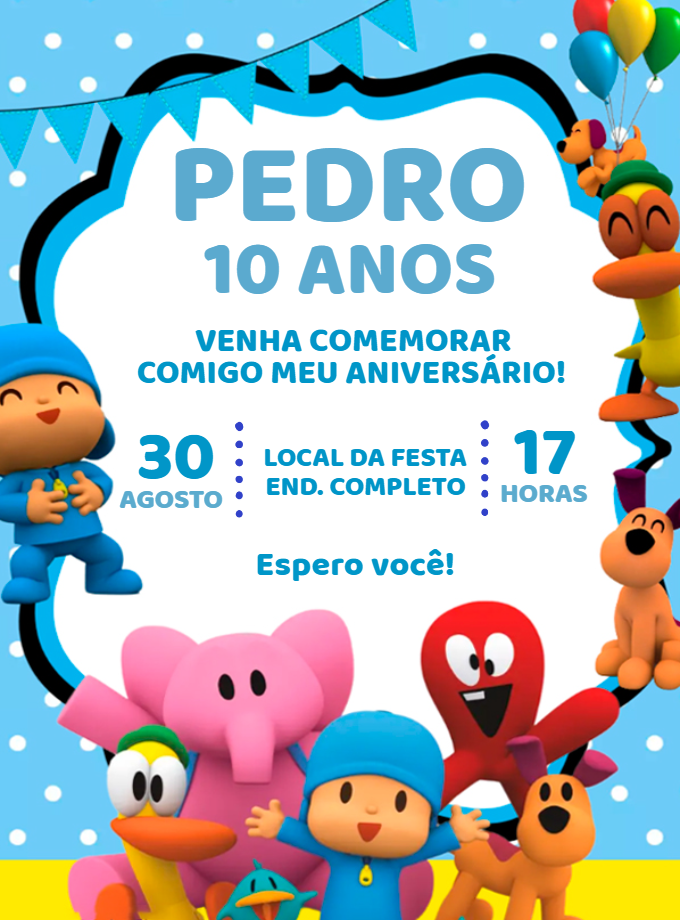 Convite de Aniversário Pocoyo Azul para Editar Online Convite de Aniversário Pocoyo Azul para Editar Online