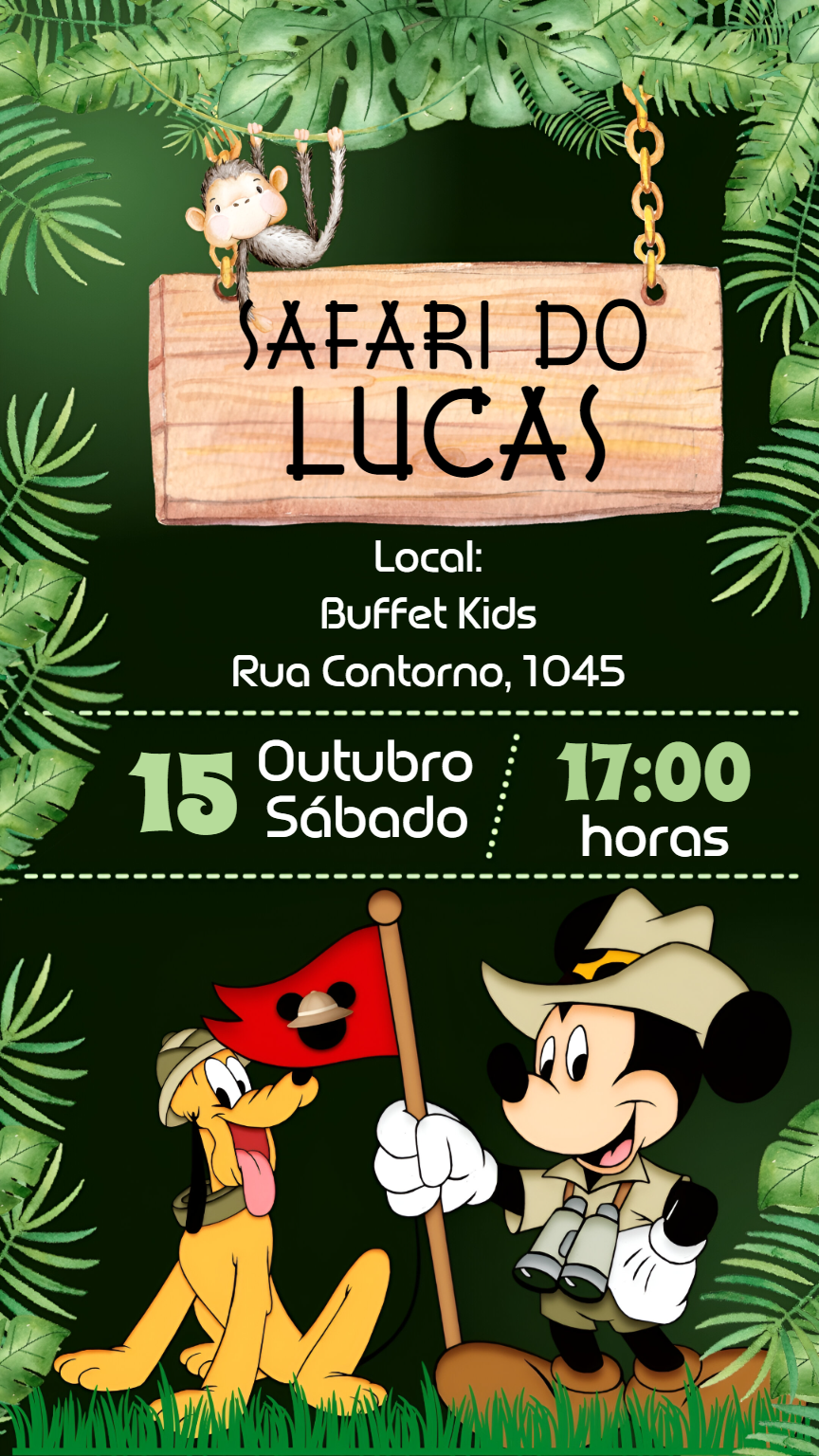 Convite Aniversário Safari do Mickey Mouse para Editar Online Convite Aniversário Safari do Mickey Mouse para Editar Online