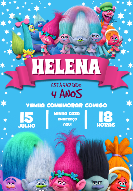 Convite de Aniversário Trolls para Editar e Imprimir Online Convite de Aniversário Trolls para Editar e Imprimir Online