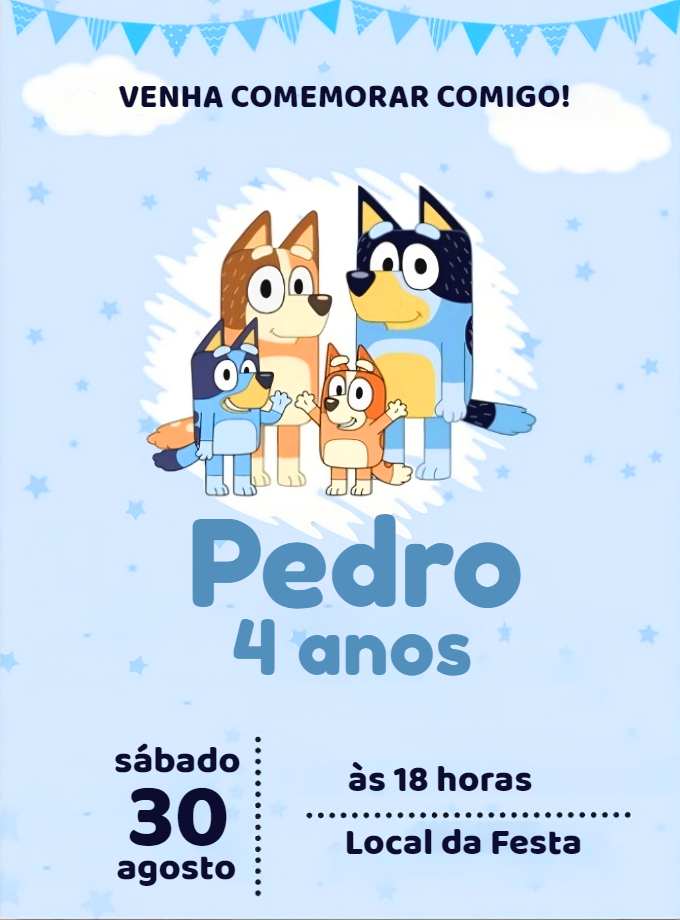 Convite de Aniversário Bluey e sua Turma para Editar Online Convite de Aniversário Bluey e sua Turma para Editar Online