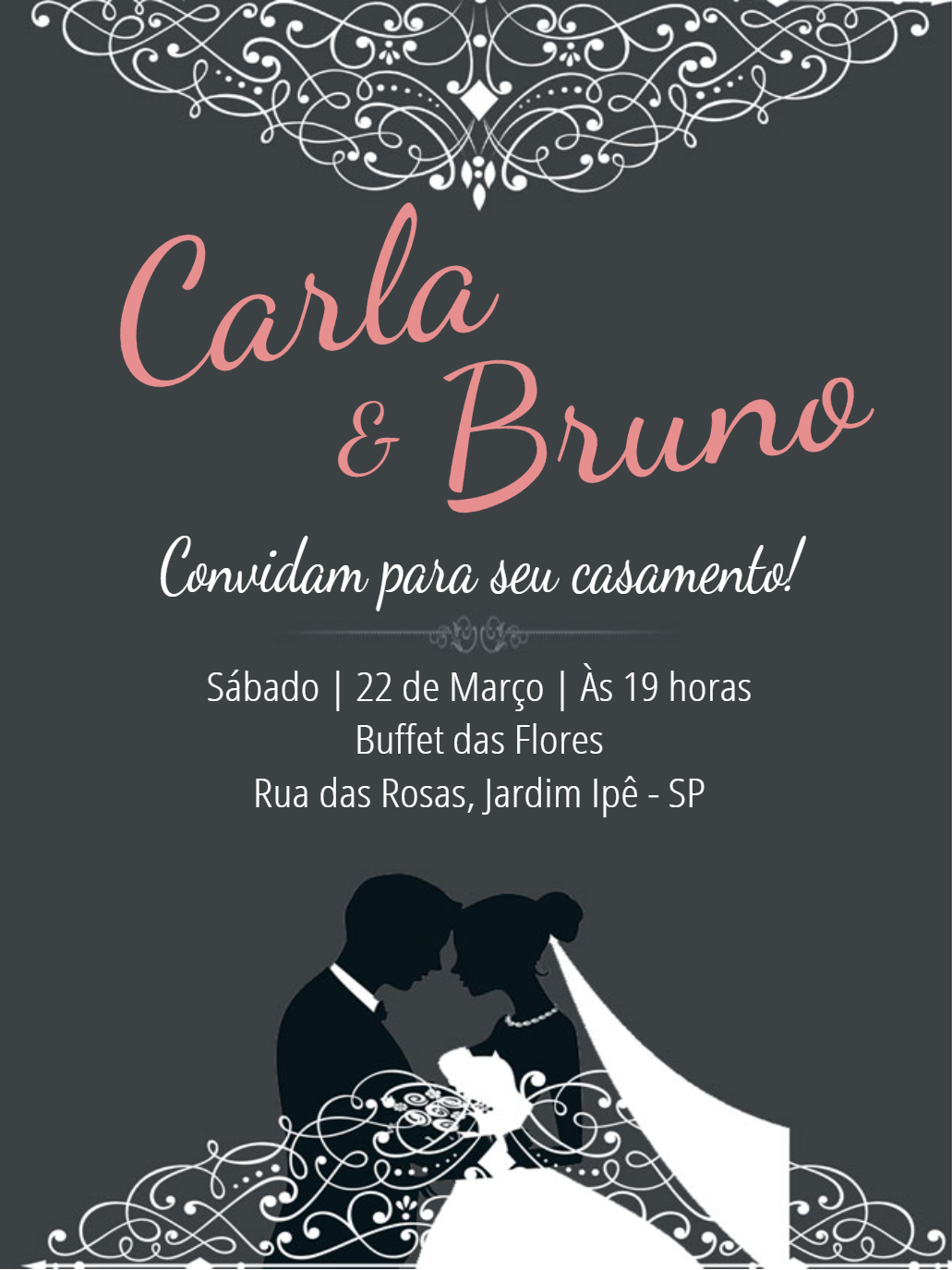 Convite de Casamento com Silhueta e Renda para Editar Online Convite de Casamento com Silhueta e Renda para Editar Online