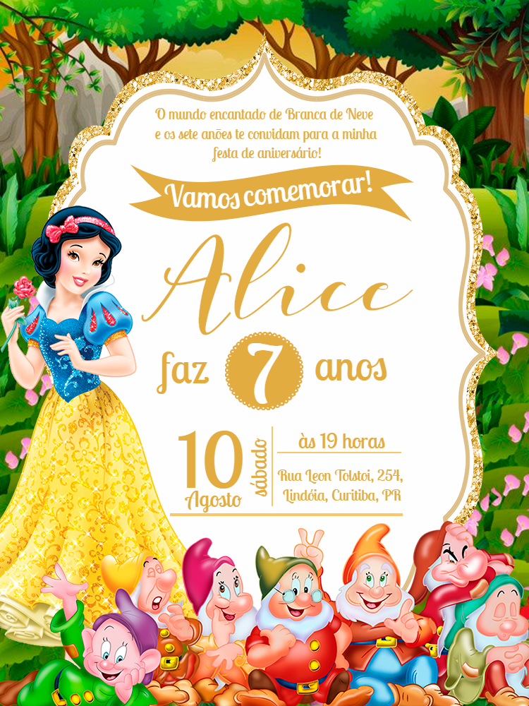 Convite de Aniversário Branca de Neve para Editar Online Convite de Aniversário Branca de Neve para Editar Online