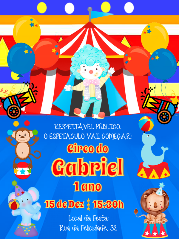 Convite Aniversário Circo Palhacinho Aquarela para Editar Online