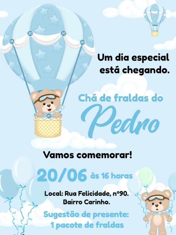 Convite Chá de Bebê Ursinho Baloeiro para Editar Online Convite Chá de Bebê Ursinho Baloeiro para Editar Online
