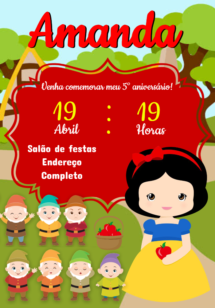 Convite Aniversário Branca de Neve Cute para Editar Online Convite Aniversário Branca de Neve Cute para Editar Online