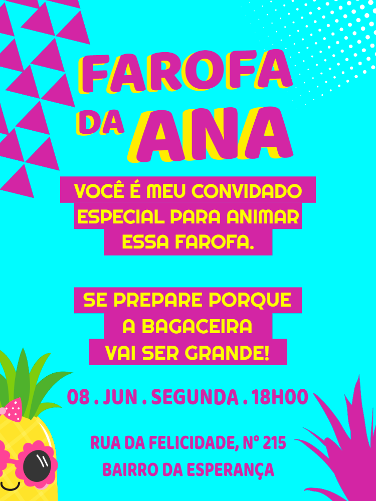 Convite Festa Farofa Tropical Colorido para Editar Online Convite Festa Farofa Tropical Colorido para Editar Online