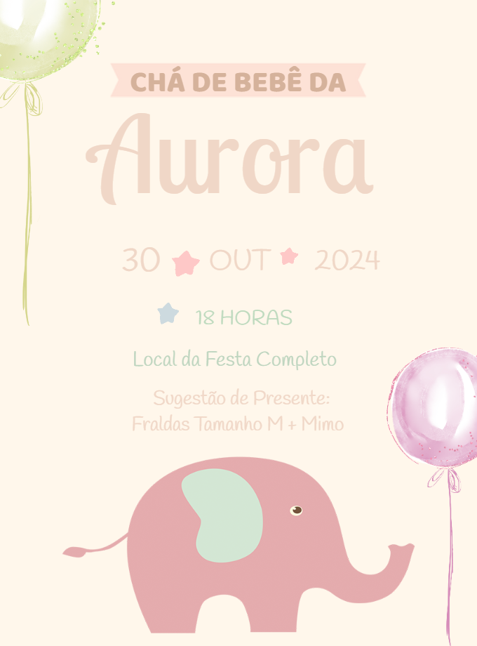 Convite Chá de Bebê Elefantinha Rosa para Editar Online Convite Chá de Bebê Elefantinha Rosa para Editar Online
