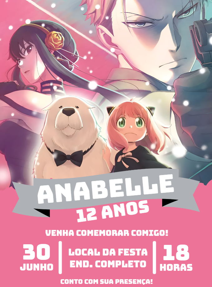 Convite de Aniversário Spy x Family com Personagens para Editar Convite de Aniversário Spy x Family com Personagens para Editar