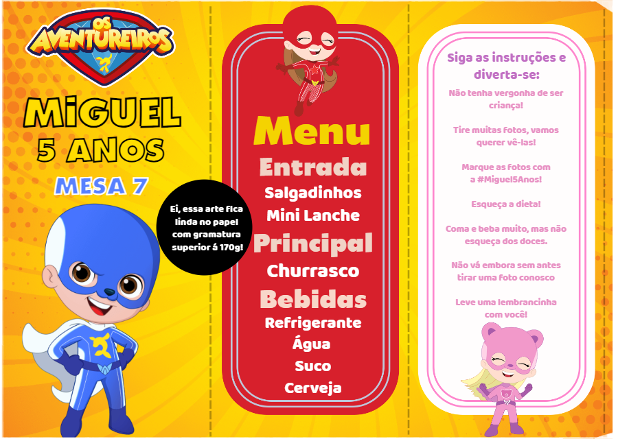 Menu de Mesa Os Aventureiros para Editar Online Menu de Mesa Os Aventureiros para Editar Online