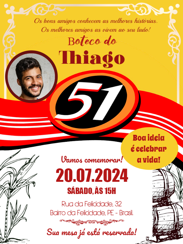 Convite Aniversário Boteco 51 com Foto para Editar Online Convite Aniversário Boteco 51 com Foto para Editar Online