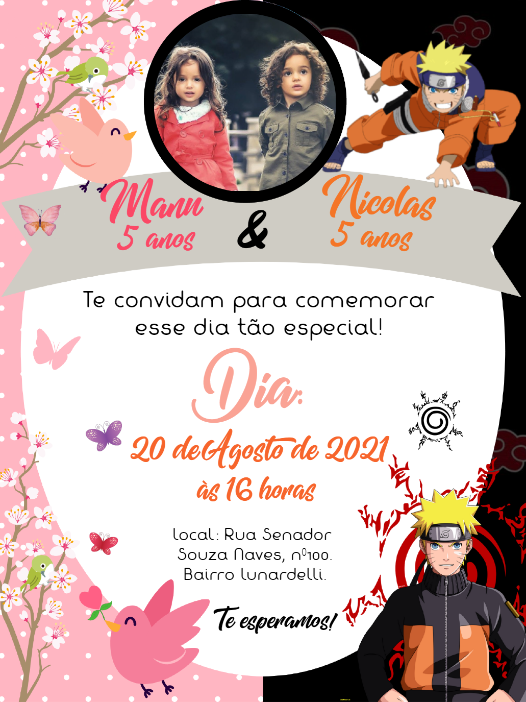 Convite Duplo Aniversário Naruto e Jardim Encantado para Editar Convite Duplo Aniversário Naruto e Jardim Encantado para Editar