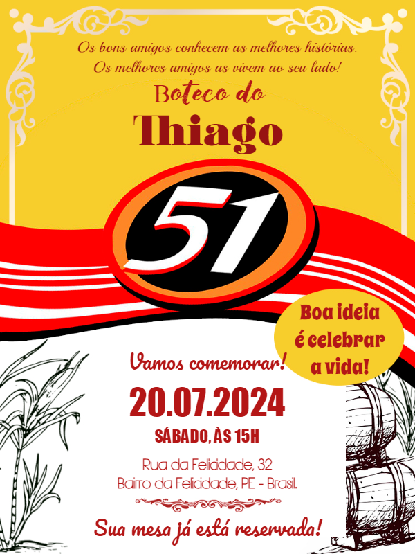 Convite de Aniversário Boteco 51 Editável Online Convite de Aniversário Boteco 51 Editável Online