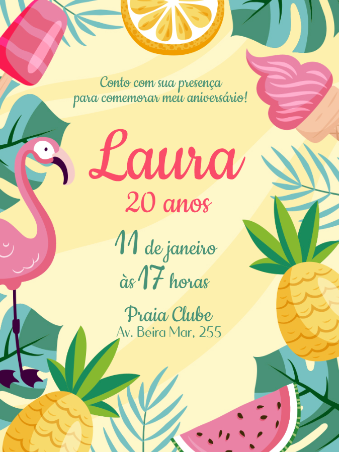 Convite Aniversário Tropical com Flamingo para Editar Online Convite Aniversário Tropical com Flamingo para Editar Online