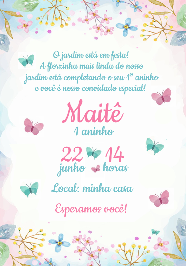 Convite de Aniversário Jardim das Borboletas Editável Online Convite de Aniversário Jardim das Borboletas Editável Online