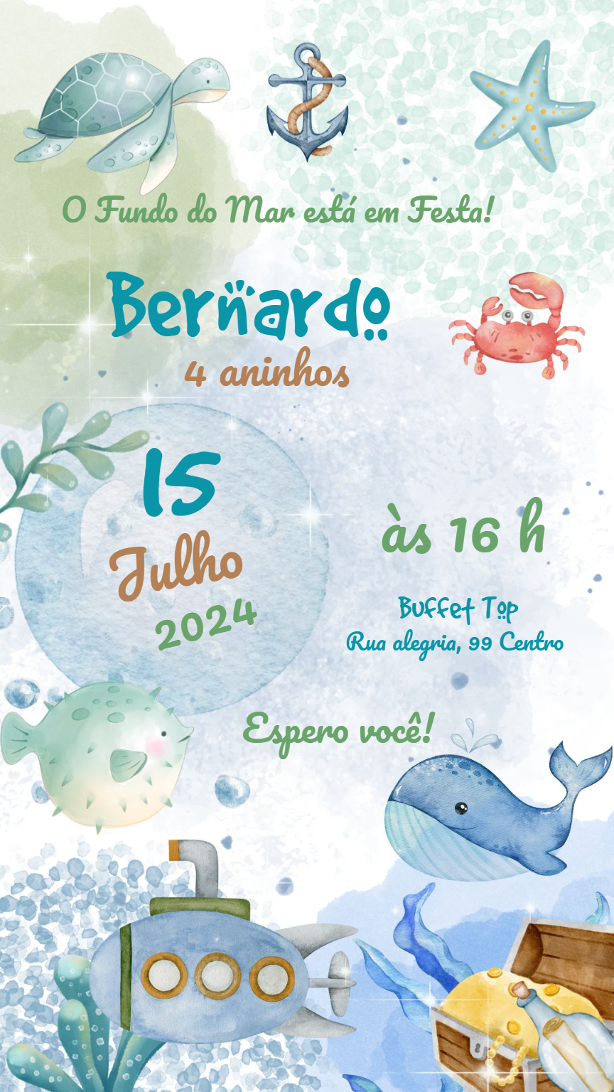 Convite Aniversário Fundo do Mar Aquarela para Editar Online Convite Aniversário Fundo do Mar Aquarela para Editar Online