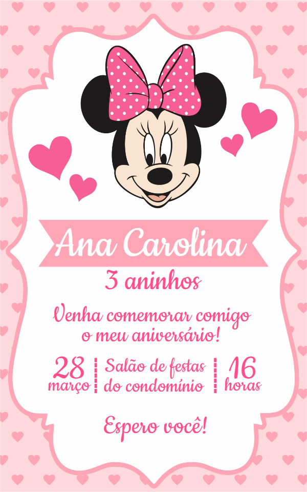 Convite de Aniversário Minnie Mouse Rosa para Editar Online Convite de Aniversário Minnie Mouse Rosa para Editar Online