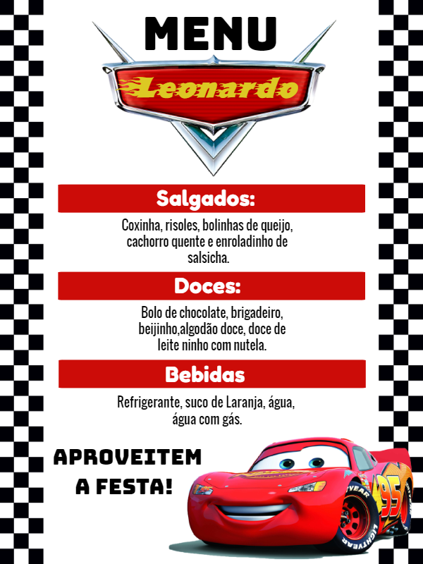 Menu Aniversário Carros Editável Online para Festa Menu Aniversário Carros Editável Online para Festa