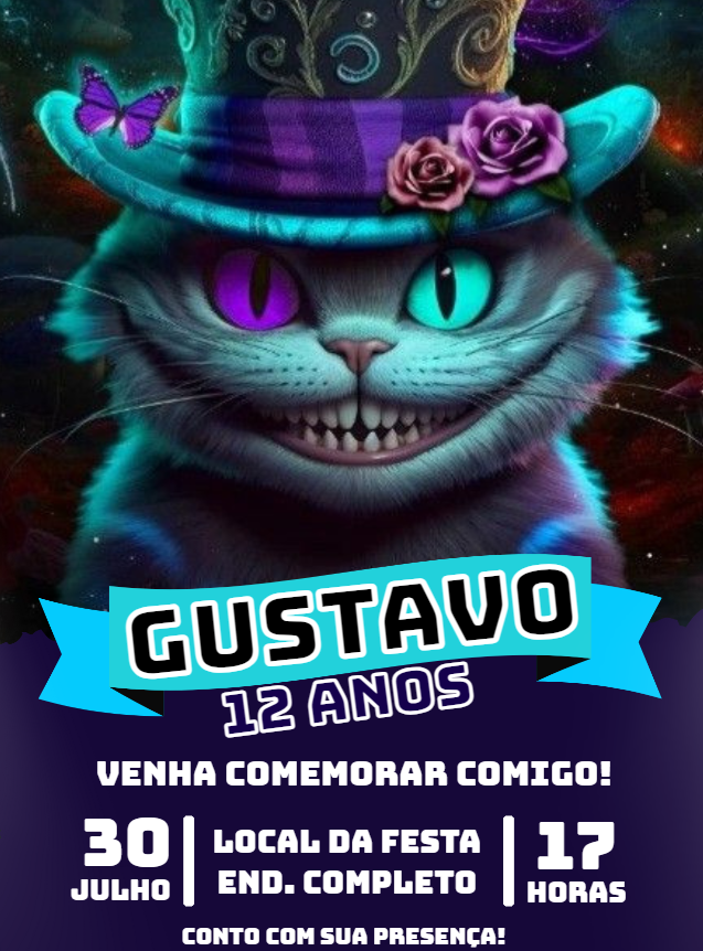 Convite Aniversário Gato Risonho Editável Online Convite Aniversário Gato Risonho Editável Online