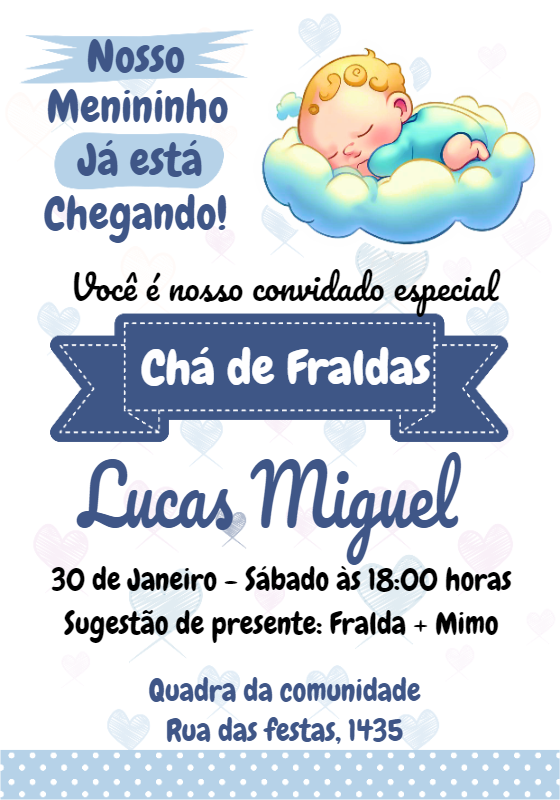 Convite Chá de Fraldas Anjinho Menino para Editar Online Convite Chá de Fraldas Anjinho Menino para Editar Online