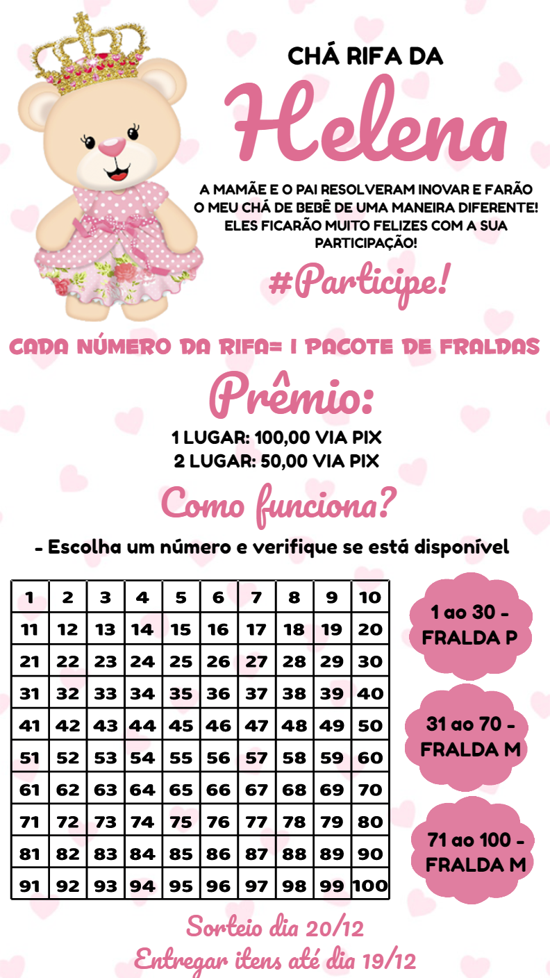 Convite Chá Rifa Ursinha Princesa para Editar Online