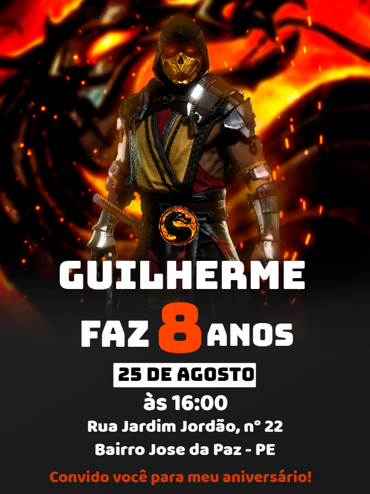 Convite Aniversário Mortal Kombat com Scorpion para Editar Online Convite Aniversário Mortal Kombat com Scorpion para Editar Online