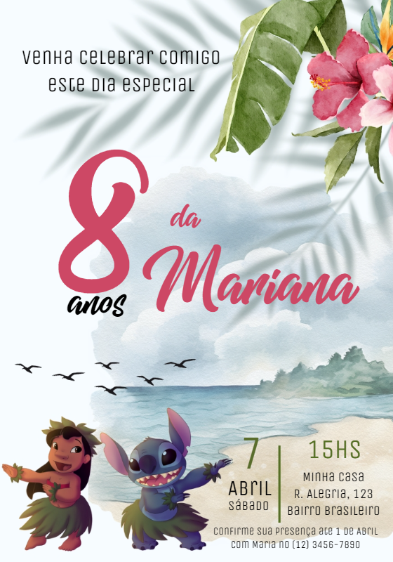 Convite de Aniversário Lilo e Stitch Praia para Editar Online Convite de Aniversário Lilo e Stitch Praia para Editar Online